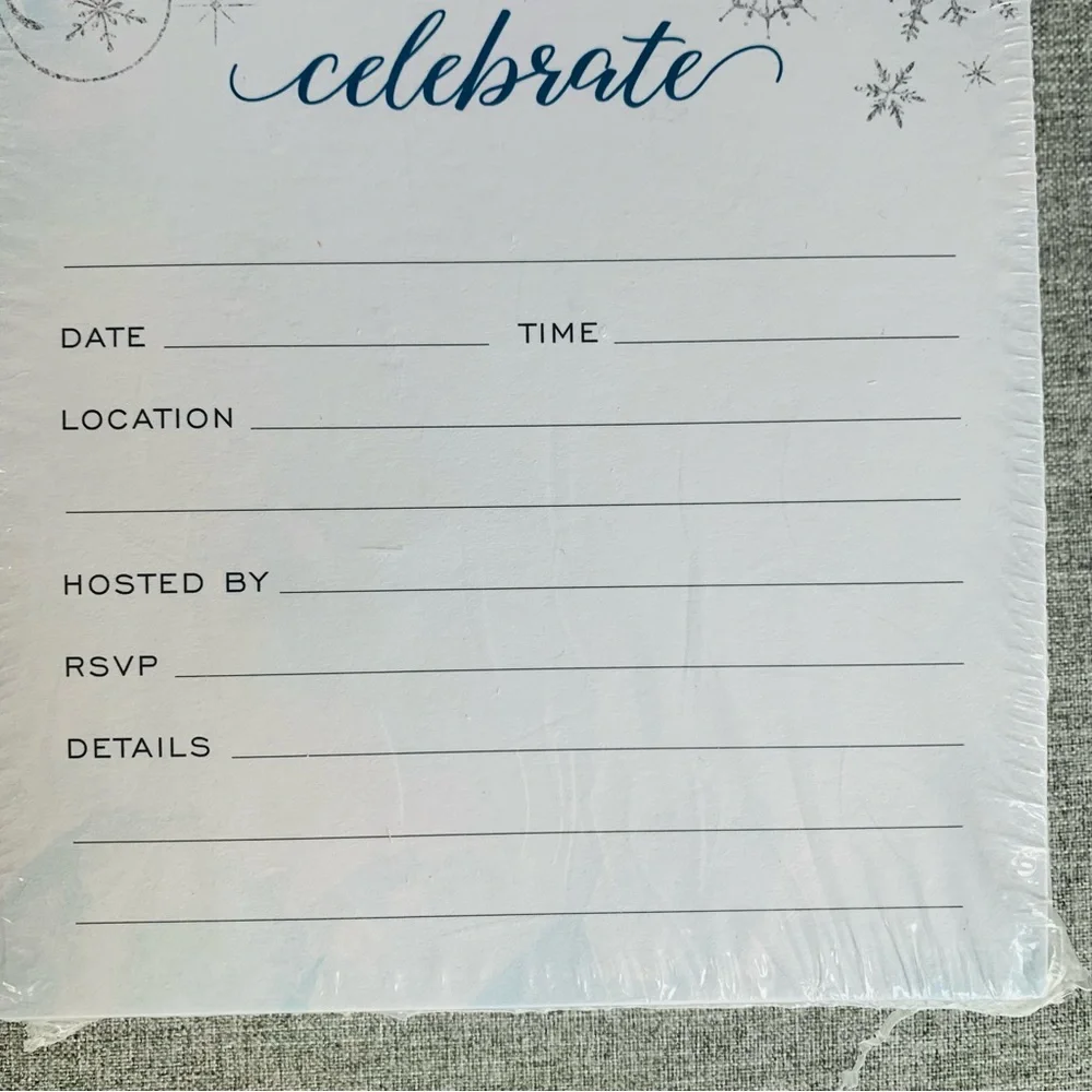 NEW PACK Invitations & Envelopes Winter Snowflake Silver Blue White Party Shower